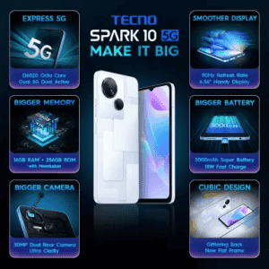 Tecno Spark 10 5G | 128 GB/8 GB RAM | Meta white
