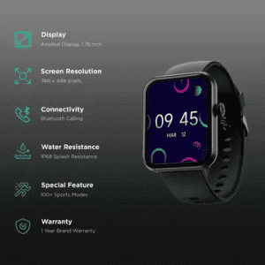 boAt Cosmos Plus Smartwatch with Bluetooth Calling | 45.21mm | AMOLED Display | IP68 Splash Resistant | Jet Black Strap