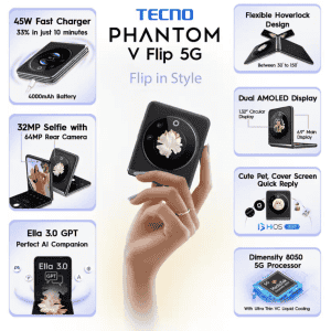 Tecno Phantom V Flip 5G | 256 GB / 8 GB RAM | Iconic Black