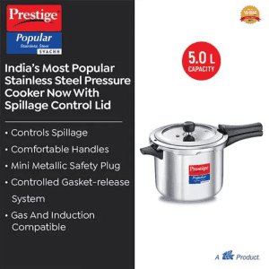 Prestige Popular Svachh  | Spillage Control | Stainless Steel | Pressure Cooker | Silver | 5 L