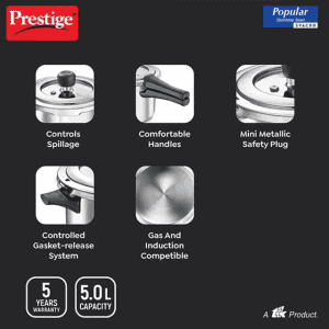 Prestige Popular Svachh  | Spillage Control | Stainless Steel | Pressure Cooker | Silver | 5 L