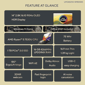 ASUS Zenbook 14 OLED |  AMD Ryzen 5 Hexa Core 7530U | 16 GB/1 TB SSD/Windows 11 Home |  UM3402YA-KM551WS |  Jade Black |