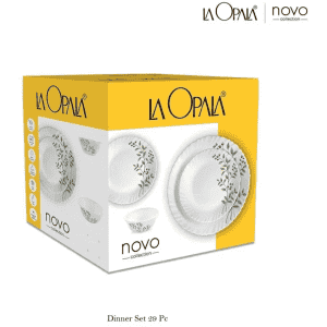 LAOPALA Pack of 29 Opalware | Novo Collection | Opal Glass | 29 pcs | Lush Green | White Dinner Set
