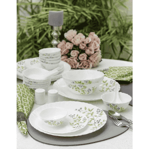 LAOPALA Pack of 29 Opalware | Novo Collection | Opal Glass | 29 pcs | Lush Green | White Dinner Set