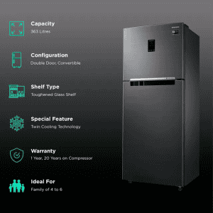 Samsung 363L 2 Star | Inverter Frost-Free Convertible 5 In 1 Double Door Refrigerator | RT39C5532BS/HL | Black Inox