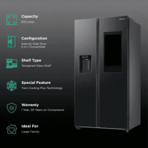 SAMSUNG RS7HCG8543B1HL | Auto Defrost Side by Side Refrigerator with Twin Cooling Plus | 615 L