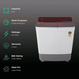 Haier 8 kg 5 Star | Semi Automatic Washing Machine | Anti Bacterial Vortex Pulsator HTW80-178 | Burgundy with Flower