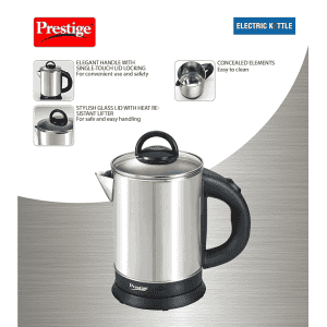 Prestige 1.7 Litres Electric Kettle(PKGSS 1.7)|1500W | 1.7 Litres | Stainless Steel| Automatic Cut-off | Wide Mouth | Power Indicator | Single-Touch Lid Locking |Silver and Black
