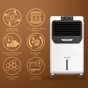 Crompton Jedi PAC Personal Air Cooler- 22L, with Everlast Pump, 4-Way Air Deflection and Honeycomb pads | White & Black