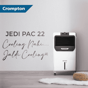 Crompton Jedi PAC Personal Air Cooler- 22L, with Everlast Pump, 4-Way Air Deflection and Honeycomb pads | White & Black