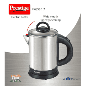 Prestige 1.7 Litres Electric Kettle(PKGSS 1.7)|1500W | 1.7 Litres | Stainless Steel| Automatic Cut-off | Wide Mouth | Power Indicator | Single-Touch Lid Locking |Silver and Black