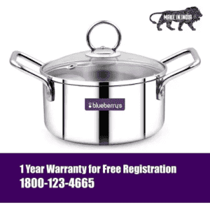 BlueBerrys 22 cm Stainless Steel Hotpot Stock Pan with 3 ply Base Sandwich Bottom | Glass Lid | Induction Base Pot 22 cm diameter | 4 L capacity | Stainless Steel | Non-stick