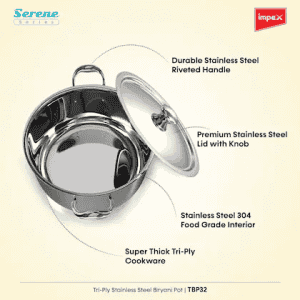Impex Serene Triply Stainless Steel Biryani Pot with Lid 13 liter Capacity | TBP32