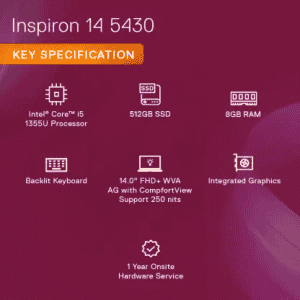 DELL Inspiron Intel Core i5 Thin and Light Laptop | 13th Gen | Inspiron 5430 | 1335U | 8 GB | 512 GB SSD | 14 Inch | 1.59 Kg | Platinum Silver | IN5430FR0KC001ORS1