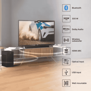 PHILIPS TAB7305 Bluetooth Soundbar with Wireless Subwoofer | Dolby Audio | HDMI ARC | Optical In 300 W | 2.1 Channel | Black