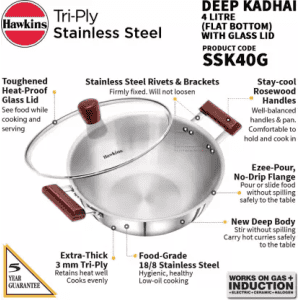 Hawkins Tri-Ply Stainless Steel Deep Fry Pan Glass Kadhai | 28 cm | 4 L | 3 mm