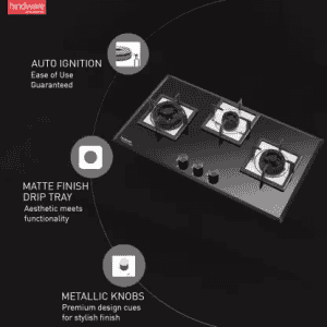 Hindware Aster 3B Steel, Glass Automatic Hob |  78CM | 3 Burners |