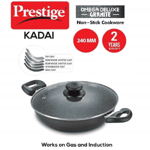 Prestige Omega Deluxe Non-Stick Kadhai | 2.4 litres | Black | Induction Base | Non-Stick Granite Finish | Scratch Resistant | Dishwasher Safe | Metal Spoon Friendly