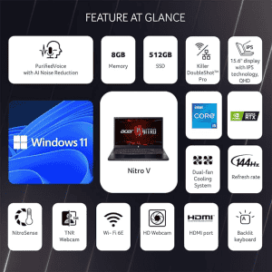 Acer Nitro ANV15-51 V Gaming Laptop | 13th Gen Intel Core i5-13420H Processor/ 15.6"/FHD 144Hz Display | 8GB/512GB SSD/RTX 4050 Graphics/Windows 11 Home/Wi-Fi 6