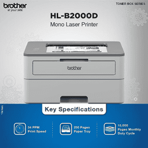 Brother Mono Laser Printer | HL-B2000D  | Auto Duplex Printing Toner Box Technology | Grey