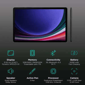 Samsung Galaxy Tab S9+ Wi-Fi+5G Tablet | 256 GB | 12 GB | 31.5 cm (12.4 Inch) | Graphite | SM-X816BZAAINU