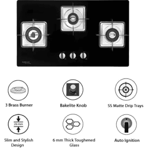 Hindware ROSIA 3B 76 cm | Brass Burners | Auto Ignition | Bakelite Knobs | Built in Glass Automatic Hob
