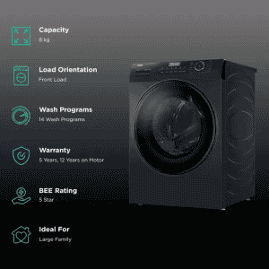 Haier Fully Automatic Front Load Washing Machine | 8 kg | 5 Star | HW80-IM12929CBK