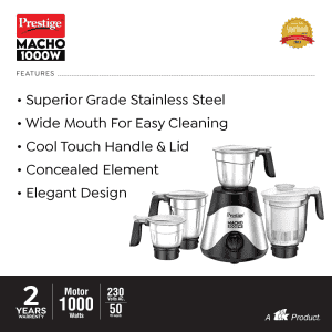 Prestige Macho 1000 W Mixer Grinder | 4 Jars | Black Silver