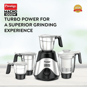 Prestige Macho 1000 W Mixer Grinder | 4 Jars | Black Silver