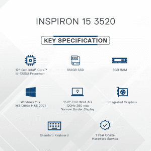 Dell Inspiron 15 | 12th Gen Core i5/ 8GB RAM/ 512GB SSD |  15.6 Inch/Intel UHD Graphics/ Windows 11 | IN3520N843W001ORS1 | Platinum Silver