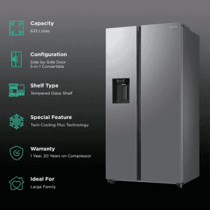 SAMSUNG 633 Litres 3 Star Auto Defrost Side by Side Refrigerator with Twin Cooling Plus
