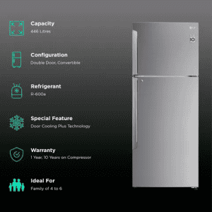 LG 446 Litres 1 Star Frost Free Double Door Convertible Refrigerator with Smart Diagnosis | GL-T502APZR.DPZZEBN | Shiny Steel