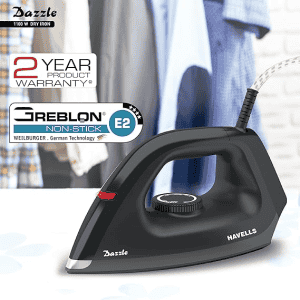Havells Dry Iron Dazzle | 1100W | Press German Technology Non Sick Coated Sole Plate | Black