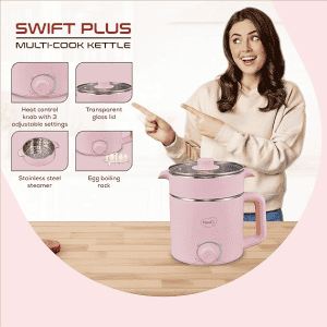 Pigeon | Swift Plus | 1.5L | Stovekraft |  Auto Shut-off |  Double Layered Food Grade Stainless  Inner wall With Glass Lid Multi-Cook Kettle | Pink