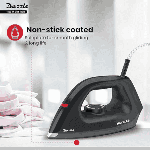 Havells Dry Iron Dazzle | 1100W | Press German Technology Non Sick Coated Sole Plate | Black