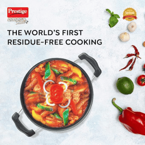 Prestige Omega Select Plus Aluminium Non-Stick Flat Base Kadhai with Lid | 27 cm | Black