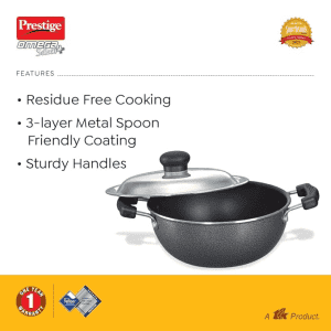 Prestige Omega Select Plus Aluminium Non-Stick Flat Base Kadhai with Lid | 27 cm | Black