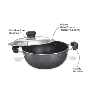 Prestige Omega Select Plus Aluminium Non-Stick Flat Base Kadhai with Lid | 27 cm | Black