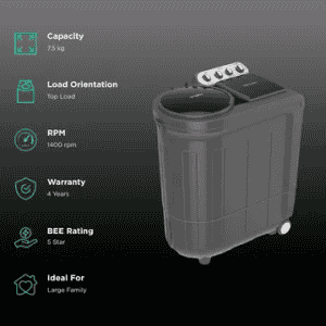 Whirlpool Turbo Dry Semi-Automatic Top Loading Washing Machine | 7.5 Kg | 5 Star | Grey Dazzle | 30233 ACE