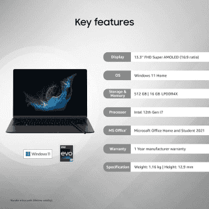 SAMSUNG Galaxy Book2 360 | NP730QED-KA1IN | Ci7 | 16GB | 512GB SSD  | WIN 11+MSO |  Graphite | NP730QED-KA1IN