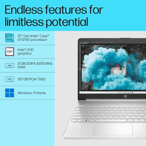 HP Laptop |15s-fq5326TU | 12th Gen Intel Core i3-1215U | 15.6 inch | FHD | Anti-Glare | 8 GB DDR4 | 512 GB SSD | Windows 11 | MSO| Natural Silver