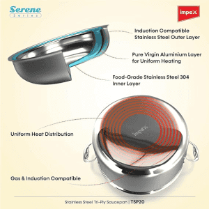 Impex | Serene Triply | Stainless Steel | lnduction Friendly Cookware | Sauce Pan | 20cm | Silver