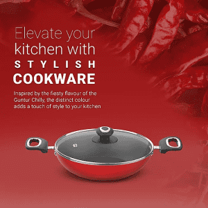 Preethi Dura Collection Non Stick Kadai | 26 cm | With Glass Lid  | Red