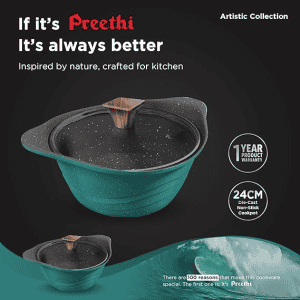 Preethi Artistic Collection Die Cast Non Stick Kadai  | 24 cm | Glass Lid | 5 Star Non Stick Effect | Cook & Serve | Green