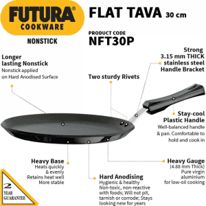 Hawkins Non Stick Flat Tawa | NFT30P | 30 cm | Plastic Handle