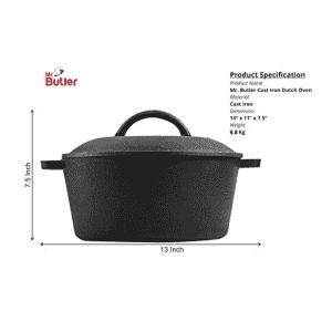 Mr. Butler | Natural Cookware Pre-Seasoned Cast Iron Dutch Oven Pot with Lid | 10 inch |  5 L | Cast Iron