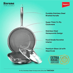 IMPEX | Serene | Triply stainless steel Honeycomp | 2Pcs set kadai Pan And Fry Pan | Induction Bottom Cookware Set