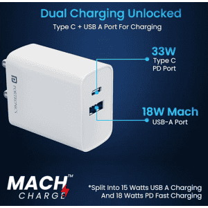 Portronics Adapto 70 Fast Charger Adapter | 33W | Dual Output | USB  Type C | White