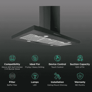 elica | SPOT TRIM ISLAND ETB PLUS LTW  | 90 N | 90cm | 1220m3/hr Ducted Ceiling Mounted Chimney with Touch Control  | Black
