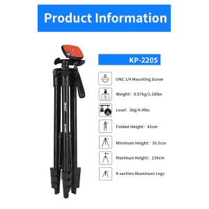 Jmary KP-2205 Aluminum Tripod 134CM | 4-Section Aluminum Legs | Universal Lightweight Tripod with Mobile Phone Holder Mount